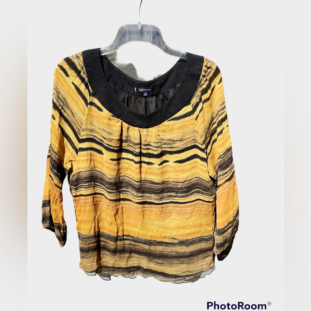 AK Anne Klein Blouse Sz L Sheer Slipover  3/4 Sleeve *more brown toned